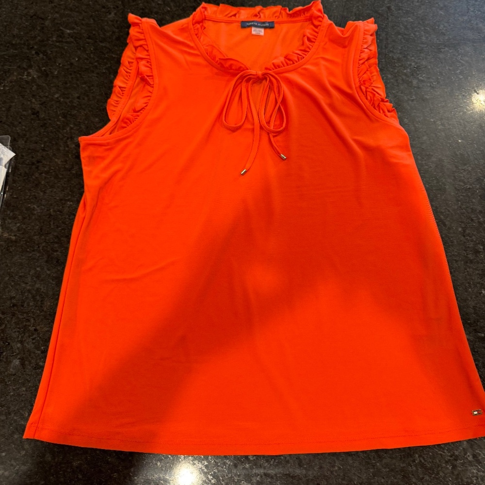 Tommy Hilfiger women’s Large orange blouse short sleeve ruffle accents